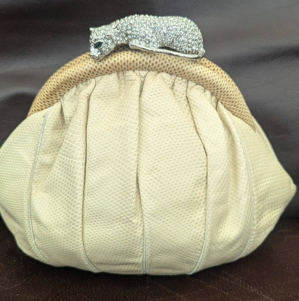 VNT Sarif White Snakeskin Clutch With Crystal Jaguar